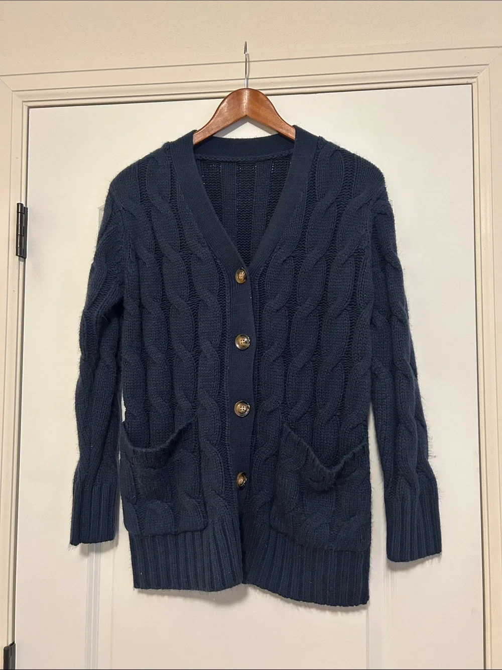 Navy Cable Knit Chunky Button-Up Cardigan Size Medium